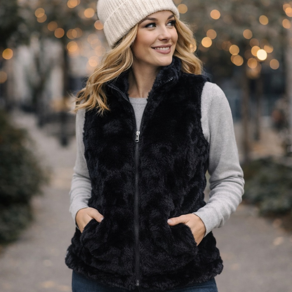Nicole Miller Reversible Faux Fur Sherpa Puffer Vest Black Size M Zip Pockets